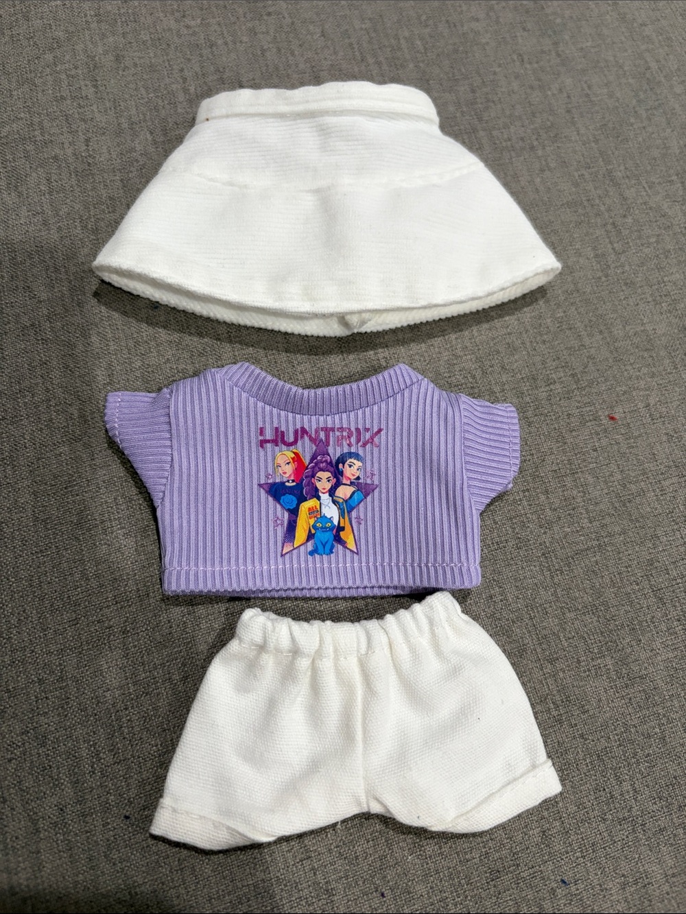 Labubu or Small Doll Huntrx Lilac Top with White Shorts and Hat Set